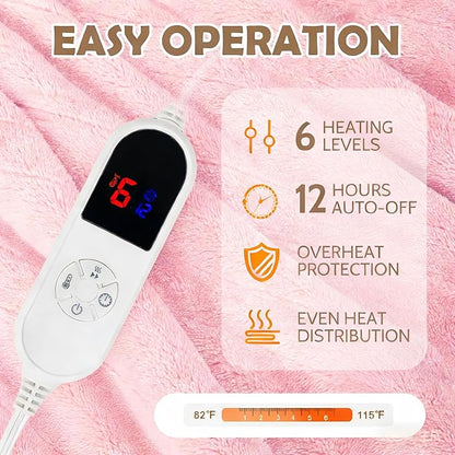 Wearable Heated Blanket with Foot Pocket, 52"x72" Electric Blanket with Sleeves for 12 Hours Timer6 Heat Settings, Flannel & Sherpa, Pink