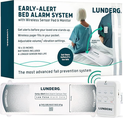 Lunderg Early Alert Bed Alarm for Elderly Adults - Wireless Sensor Pad & Pager - with Pre-Alert Smart Technology - Safety Bed Alarms and Fall Prevention for Elderly and Dementia Patients