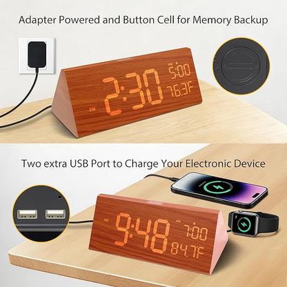 OhM-ega Wooden Digital Alarm Clock, Electric Clocks with Dual USB Port, Large Numbers, Temperature Display, Brightness Dimmer, Sound-Activated Display, Snooze, 12/24H, Brown