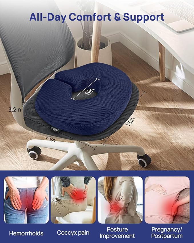 Feagar Donut Pillow Seat Cushion, X Large Memory Foam Hemorrhoid Pillow for Tailbone Pain, Sciatica & Pressure Sores Relief, Adjustable Design for Pregnancy, Postpartum, Surgery Recovery, Office Chair