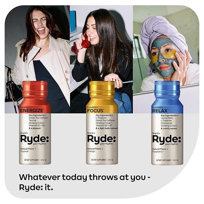 Ryde: Discovery Pack | Energize, Focus & Relax Shots | Green Tea Caffeine, Taurine, Ginseng, B Vitamins, L-Theanine, Lemon Balm, Chamomile | 0 Calories, 0 Sugar | Variety Pack – Try Them All (24 Pack)