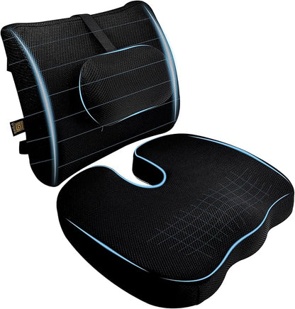 GESQUARE 3-Piece Memory Foam Seat Cushion & Lumbar Support Pillows Set – Adjustable Back Support for Office, Car & Gaming Chairs – Tailbone & Coccyx Comfort for Long Sitting.