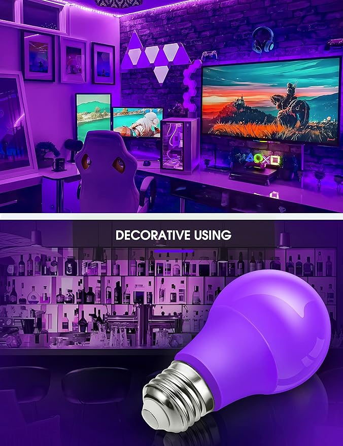 L LOHAS LED Halloween Purple LED Light Bulbs Outdoor, A19 9W(60W Equivalent) Purple Colored Light Bulb, E26 Base, Non-Dim, 4-Pack
