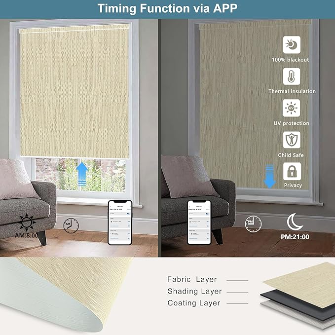 Bringnox Motorized Blinds with Remote,100% Blackout Smart Roller Blinds Compatible with Apple Homekit Google Home and Alexa Via HUB,and Customized (Safari Cream-04)