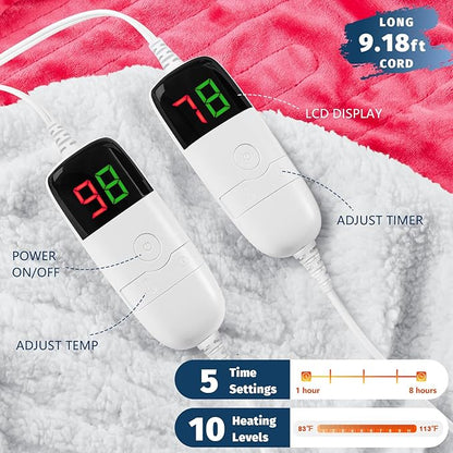 Heated Electric Blanket King Size - 90" x 100" Heating Blanket with Dual Control, 10 Heating Levels & 8 Hours Auto Off, Soft Warm Flannel Blanket, Christmas Birthday Gifts for Senior Grandma