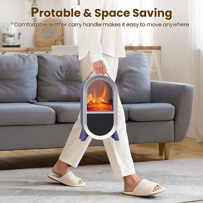 Portable Electric Fireplace Heater, 1500W/750W Mini Space Heater for Indoor Use with 3D Flame, Thermostat, Carry Handle, Overheat & Tipover Protection, for Home Office Bedroom Desk, Blue