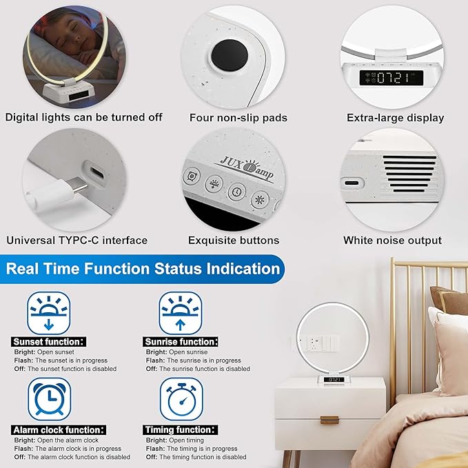 Sunrise Alarm Clock Wake Up Light - 3 Color LED Lamp with Sound & Light Awakening, Bioclock Adjustment, Ring Light Design for Bedroom Bedside