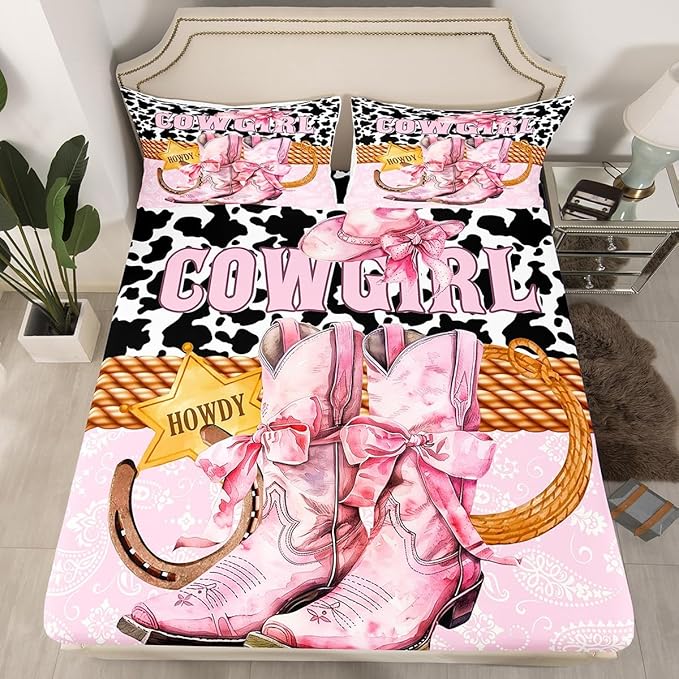 Western Cowgirl Bedding Set Twin Size Pink Bowknot Boots American Tribal Hoseshoe Bed Set for Teens Kids Sheet Boho Paisley Rustic Cowhide Patchwork Bed Cover(1 Fitted Sheet+1 Pillow Case)