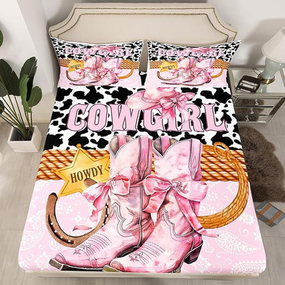 Western Cowgirl Fitted Sheet,Full Size Pink Bowknot Boots American Tribal Hoseshoe Collections,Boho Paisley Rustic Cowhide Patchwork Bedding Deep Pocket for Teens Young with 2 Pillowcases