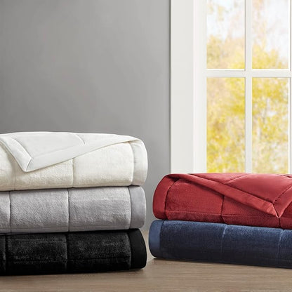 Madison Park Queen Cozy Blanket HeiQ Smart Temperature Plush to Microfiber Reverse Box Quilting, Reversible, Soft All Season, Lightweight Summer Cover, for Bed, Couch and Sofa, Full/Queen, Ivory