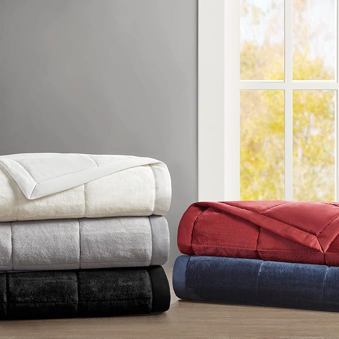 Madison Park Queen Cozy Blanket HeiQ Smart Temperature Plush to Microfiber Reverse Box Quilting, Reversible, Soft All Season, Lightweight Summer Cover, for Bed, Couch and Sofa, Full/Queen, Black