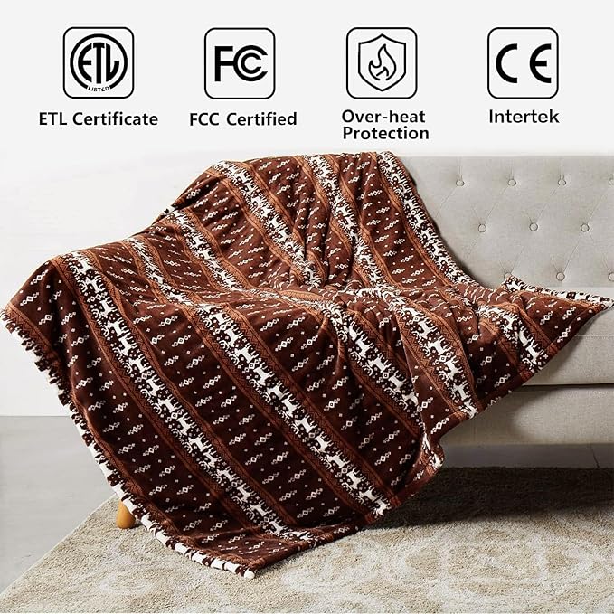 Tefici 50"x60" Heated Blanket Throw - Soft Flannel Electric Blanket with 3 Heating Levels, 4-Hour Auto Shut-Off, Overheat Protection, ETL Certified, Machine Washable, Moose Pattern for Home Office