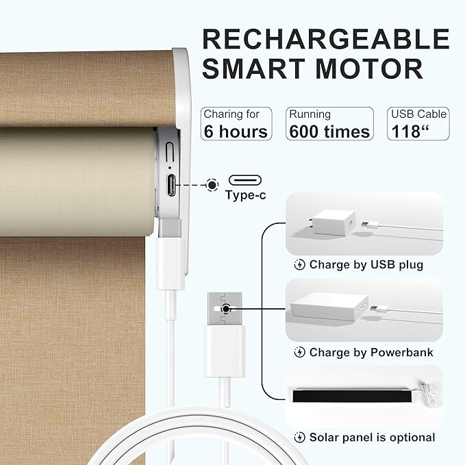 Motorized Blinds with Remote,Blackout Smart Roller Shades with App,Voice Control,Linen Fabric,Thermal Insulated Automatic Blinds,Electric Shades with USB/Solar Pannel.Linen Beige