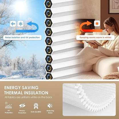 LazBlinds No Tools No Drill Cordless Cellular Shades, Light Filtering Honeycomb Shades for Home, Thermal Insulation Blinds for Windows, 41" W x 72" H, White