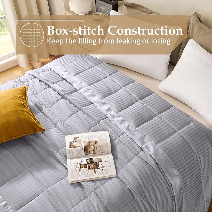 downluxe Queen Size Blanket with Satin Trim, Lightweight Down Alternative Blankets Queen Size for All Season, Machine Washable (Silver, 90x90 Inch)