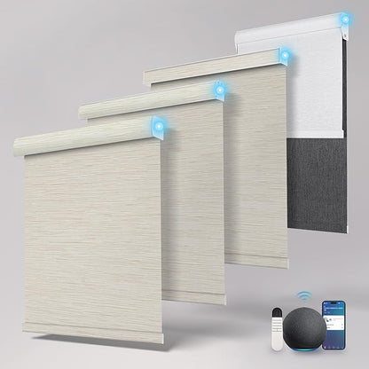 BERISSA Motorized Blinds with Remote,Blackout Smart Roller Shades with App,Voice Control,Jacquard Fabric,Thermal Insulated Automatic Blinds,Electric Shades with USB/Solar Pannel.Maze Beige