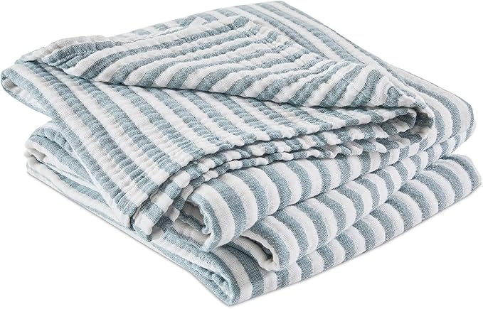 EMME Cotton Muslin King Blanket Bed Layering Bedspread Coverlet Breathable Gauze Soft Lightweight (Striped Teal, 108"x90")