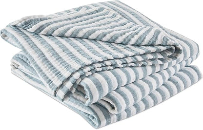 EMME Cotton Muslin King Blanket Bed Layering Bedspread Coverlet Breathable Gauze Soft Lightweight (Striped Teal, 108"x90")