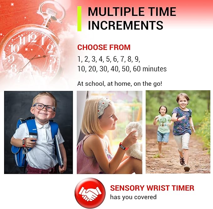 Sensory Wrist Timer for Kids, Teachers, Students, Simple Reminder Watch with Silent Alarm Clock Wristband, Classroom Countdown (Red)