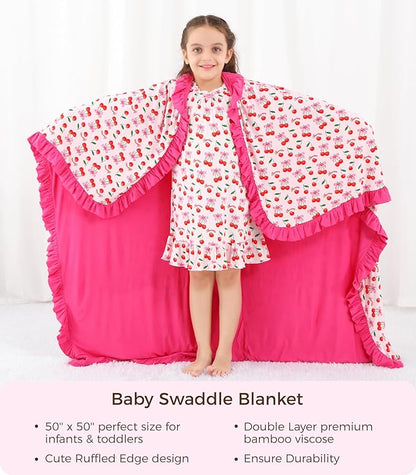 Premium Baby Blankets, Soft Viscose from Bamboo Blanket for Girls, Nursery Crib Bedding Quilt for Newborn and Toddler, Ruffle Blanket Cooling for Hot Sleepers, 50''x50'' Sweet Cherries