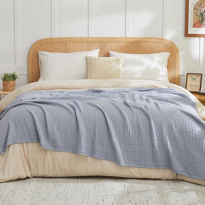 EMME Cotton Muslin King Blanket Bed Layering Breathable Gauze Blanket Soft Lightweight Blankets Adults (Dusty Blue, 108"x90")