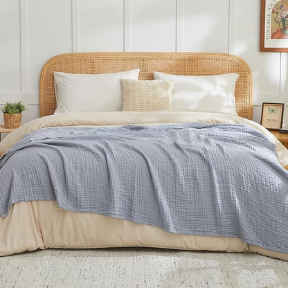 EMME Cotton Muslin King Blanket Bed Layering Breathable Gauze Blanket Soft Lightweight Blankets Adults (Dusty Blue, 108"x90")