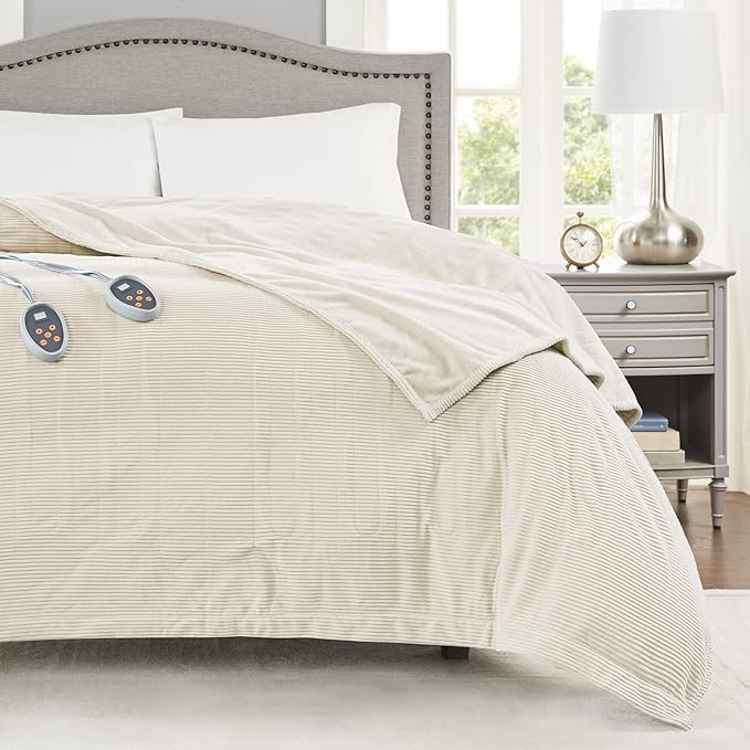 Beautyrest Electric Blanket Luxurious Micro Fleece Ultra Soft Ribbed Textured, Cozy and Snuggly Cover for Cold Weather, Fast Heating, Auto Shut Off, 20 Level Heat Setting Controller, Twin, Ivory