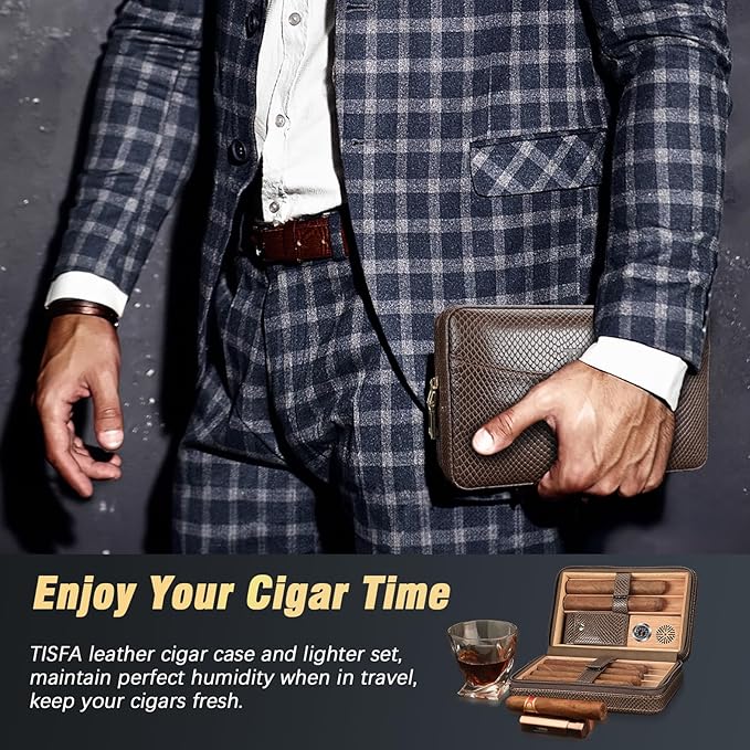 TISFA Cigar Travel Humidor for Cigars Portable Cigar Humidor with All in one Cigar Torch Lighter, Cigar Humidifier, Hygrometer, Cigar Accessories Gift Set, Cedar Wood Lined Cigar Case (Textured Brown)