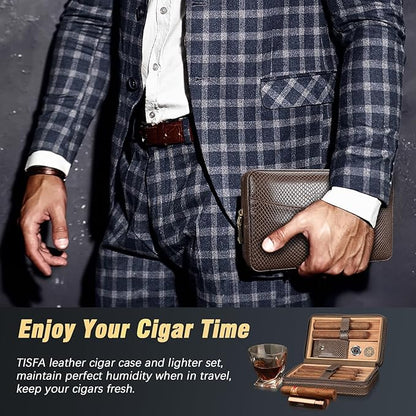 TISFA Cigar Travel Humidor for Cigars Portable Cigar Humidor with All in one Cigar Torch Lighter, Cigar Humidifier, Hygrometer, Cigar Accessories Gift Set, Cedar Wood Lined Cigar Case (Textured Brown)