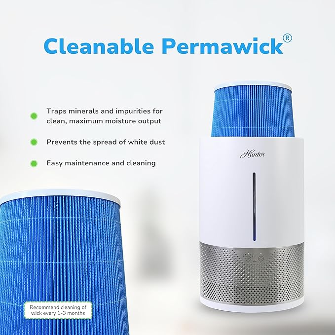 HHE150 Hunter Aspire 4.8L Evaporative Humidifier with PermaWick Filter (4.8L) - Remove Contaminants & White Dust for Clean Mist & Air – Medium Humidifier for Home, Bedroom, or Dorm - White