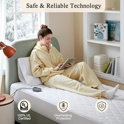 Beautyrest Cotton Blend Heated Mattress Pad Secure Comfort Technology - Luxury Quilted Electric Mattress Pad with Deep Pocket - 5-Setting Heat Controllers, Twin XL , White