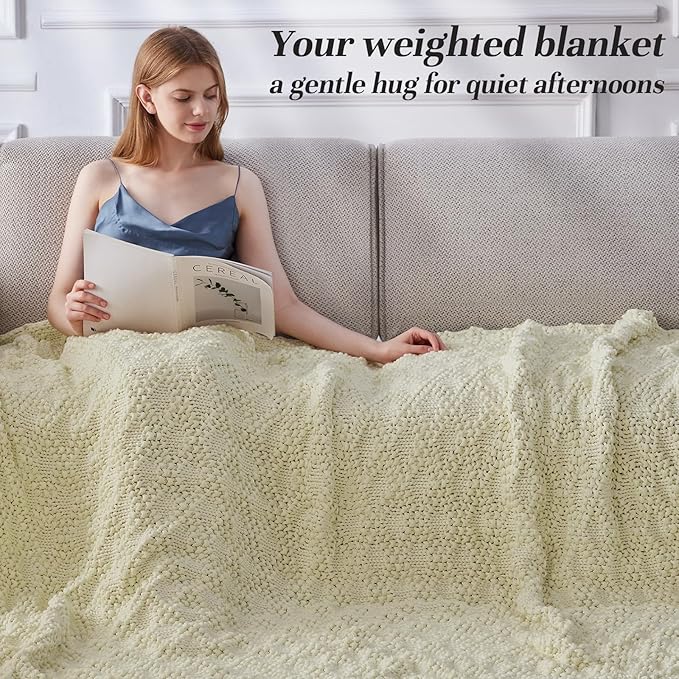 Knitted Weighted Blanket for Adult, Chunky Knit Weighted Throw for Sleep 60"*80" 17lbs, Cooling Breathable Machine Washable Heavy Blanket for Room Decor (Cream White, Queen)