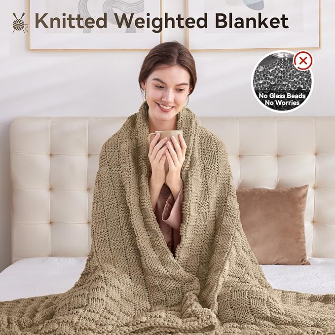 Knitted Weighted Blanket Kids, No Beads Heavy Blanket 36” x 48'' 5lbs, Breathable Chunky Knit Blanket, Cooling Weighted Blanket for Hot Sleepers, Christmas Home Decor (Camel)