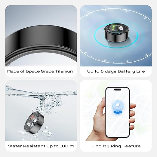 Smart Ring for Women Men, Fitness Tracker with Health Metrics Tracking, 20 Sports Modes, IP68 Waterproof Titanium, 7-Day Battery (Black,8#)