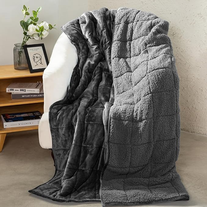 Aemicion Sherpa Fluffy Weighted Blanket for Adults, Washable Plush Weighted Blanket,15lbs 48x72in Weighted Cozy Blanket as Gifts for Women Man-Dark Grey