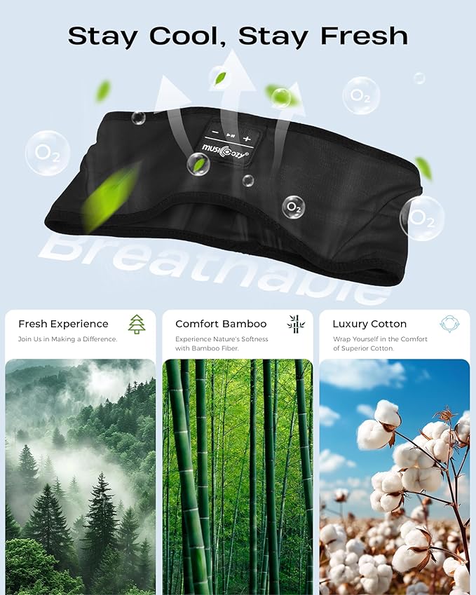 MUSICOZY Sleep Headphones Soft Bamboo Cotton Headband Headphones for Sleeping, Sleep Headphone Wireless Bluetooth 5.4 with Ultra-Thin HD Stereo Speaker for Unique Gifts(Classic Black)