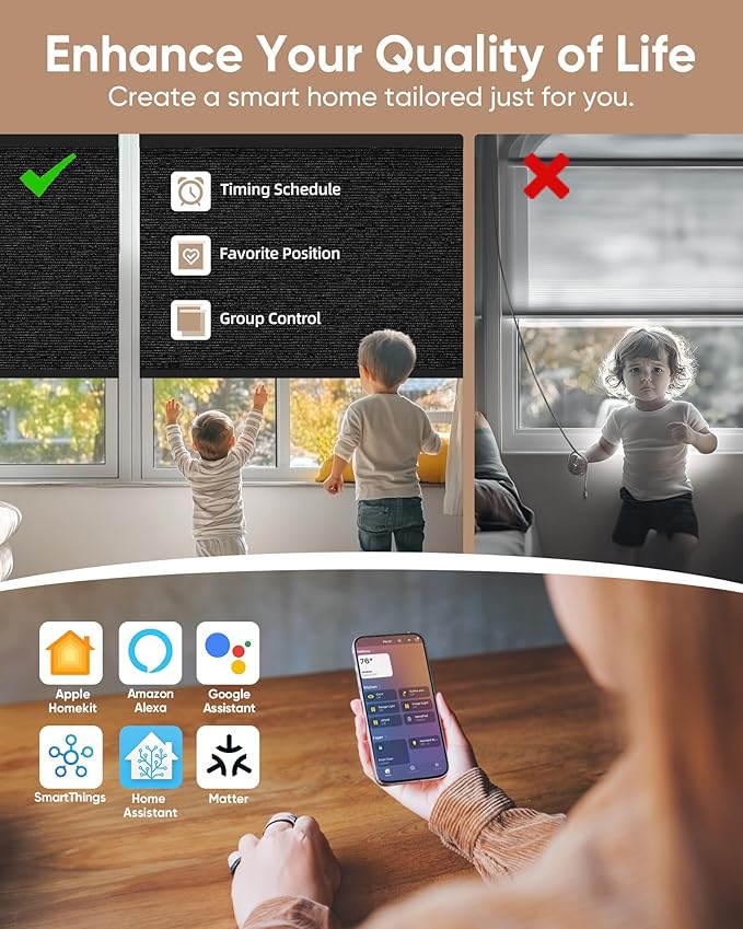 Kincmo Motorized Blinds with Remote,100% Blackout Motorized Roller Shades Work with Apple Homekit,Alexa,Google, Custom Electric Blinds with App,Voice Control (Atlantic Black)