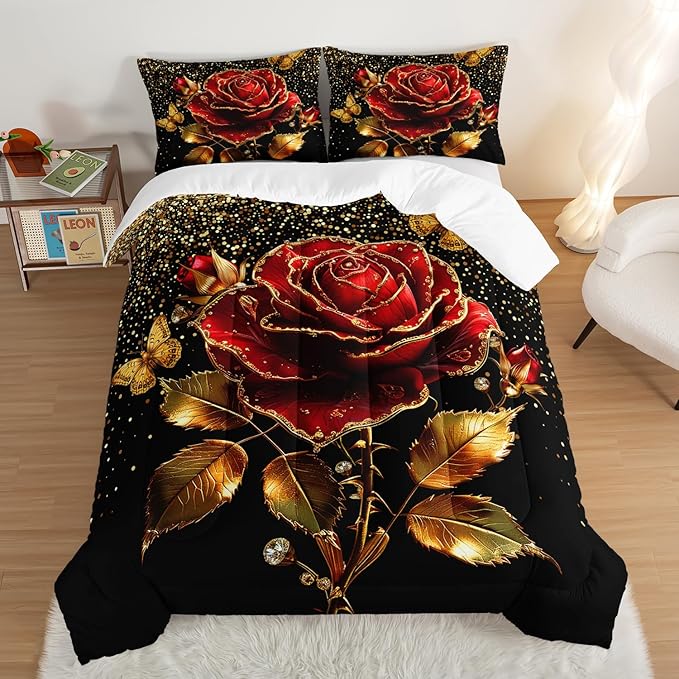 Gold Red Rose Comforter Set King Size,Golden Glitter Butterfly Pattern Bedding Set for Girls Women Couple Lover,Romantic Valentine's Day Floral Themed Bedding Set with 2 Pillowcases.