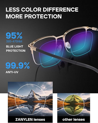 Blue Light Blocking Glasses Men Computer Gaming Glasses Rectangle Metal Semi-rimless Black/Golden Frame Anti Glare/UV400 Clear Lens