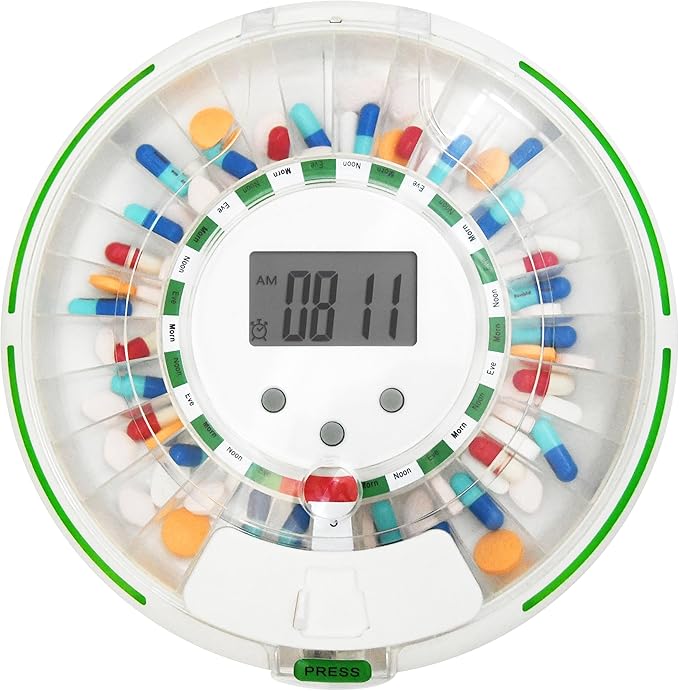 Automatic Pill Dispenser with Flashing Light, Sound, Alarm and Safety Lock, 28-Day Electronic Medication Organizer – Dispense Vitamins and Tablets Up 6 Times/Day – Easy Read Display (Clear)