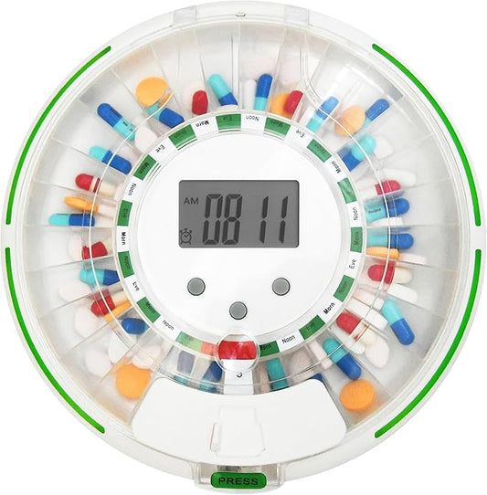 Automatic Pill Dispenser with Flashing Light, Sound, Alarm and Safety Lock, 28-Day Electronic Medication Organizer – Dispense Vitamins and Tablets Up 6 Times/Day – Easy Read Display (Clear)