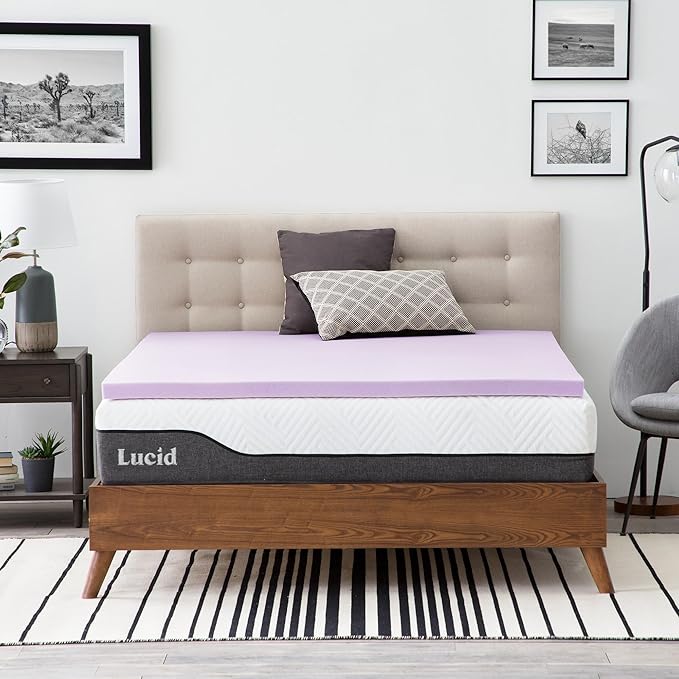 Lucid 2 Inch Lavender Memory Foam Mattress Topper, Queen Size – Essential Oil Infusion – Plush Feel, Pressure-Relieving Bed Topper – Ventilated and Breathable – CertiPur Certified