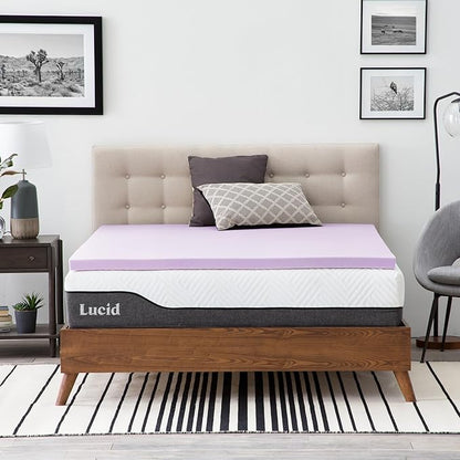 Lucid 2 Inch Lavender Memory Foam Mattress Topper, Twin XL Size – Essential Oil Infusion – Plush Feel, Pressure-Relieving Bed Topper – Ventilated and Breathable – CertiPur Certified