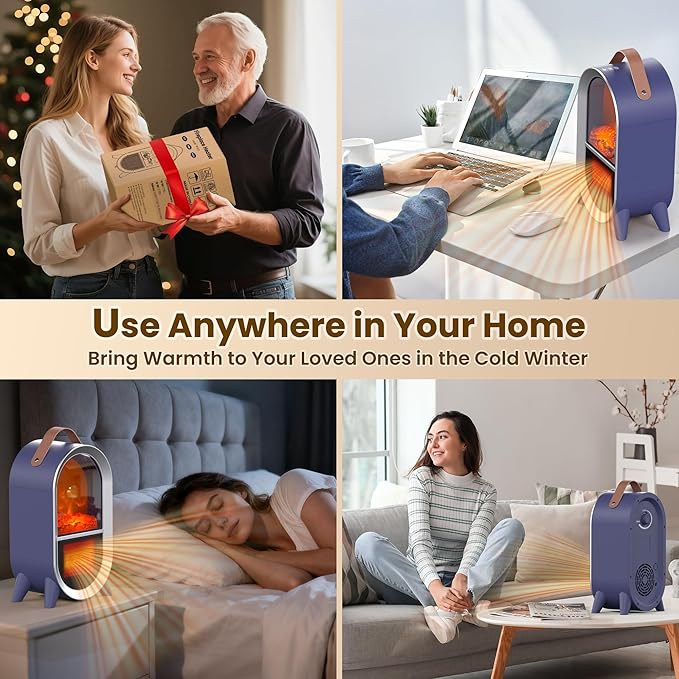 Portable Electric Fireplace Heater, 1500W/750W Mini Space Heater for Indoor Use with 3D Flame, Thermostat, Carry Handle, Overheat & Tipover Protection, for Home Office Bedroom Desk, Blue