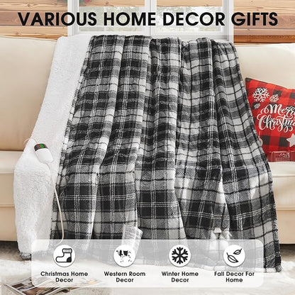 Black Heated Blanket Electric Twin Size,62X84 Heating Blanket with 10 Heats Levels&8 Hours Auto Off&Timer,Plaid Soft Sherpa Black Blankets Warmer Gift for Grandma Women Adult,Fast Heating Washable