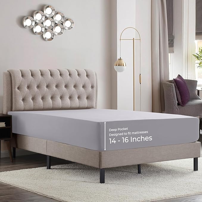 Empyrean California King Fitted Sheet - Deep Pocket, Fits 14-16 Inch Mattress, Ultra Soft Microfiber, Wrinkle-Free & Fade Resistant, Shrinkproof Sheet, Grey Lavender