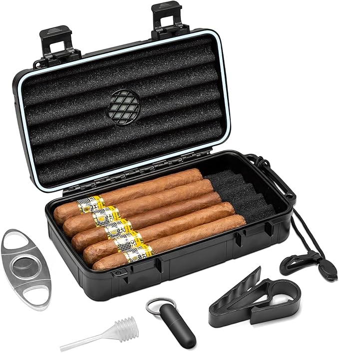Flauno Travel Cigar Humidor Case - Portable Cigar Box kit with Humidifier Disc, Cigar Cutter, Cigar Punch, Cigar Holder & Dropper, Waterproof, Crushproof, Airtight (Holds up to 10 Cigars)