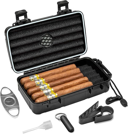 Flauno Travel Cigar Humidor Case - Portable Cigar Box kit with Humidifier Disc, Cigar Cutter, Cigar Punch, Cigar Holder & Dropper, Waterproof, Crushproof, Airtight (Holds up to 10 Cigars)