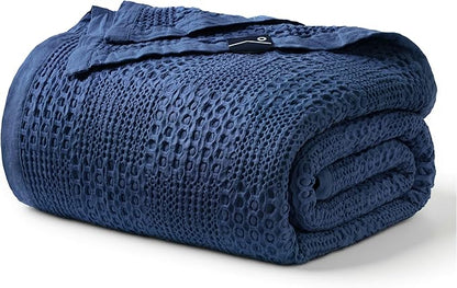 Joiedomi Cooling Waffle Blanket - Turkish Cotton King Size Soft Navy Blanket, Summer Breathable of Rayon Derived from Bamboo for Hot Sleepers, Luxuries Throw for Bed, Couch and Sofa, 108x90 Inches