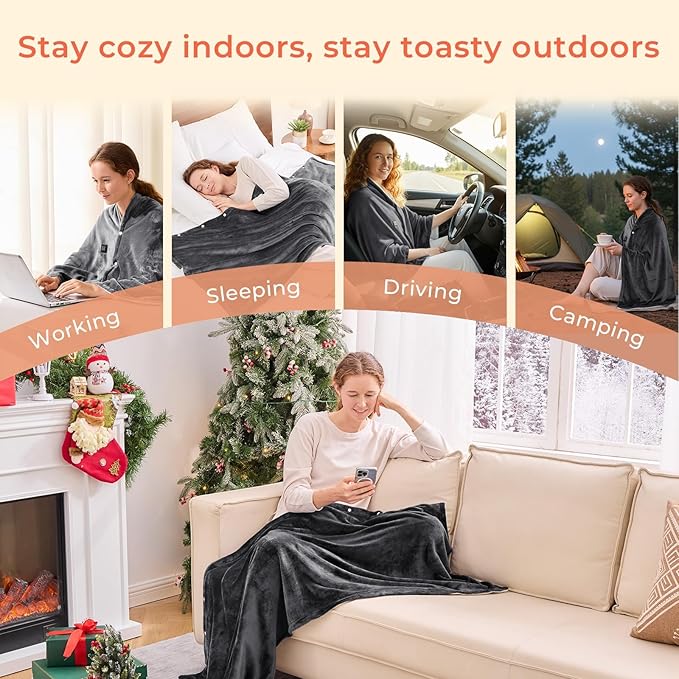JOLLYVOGUE USB Heated Blanket Throw, Wearable & Portable Heating Electric Blanket for Adults, 3 Levels & 8 Heating Zone Shawl for Indoor & Outdoor, Dark Grey (Battery Not Included)